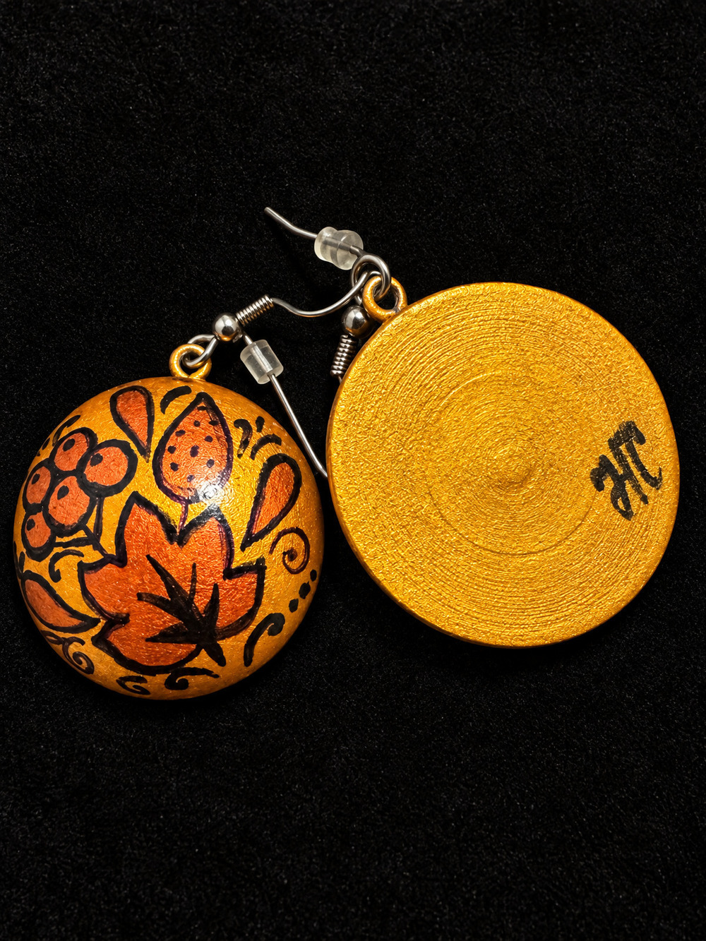 ⚜️ Hand-Painted Wood Earrings | Floral Domed | Orange & Gold-Tone | Fish Hook 💗